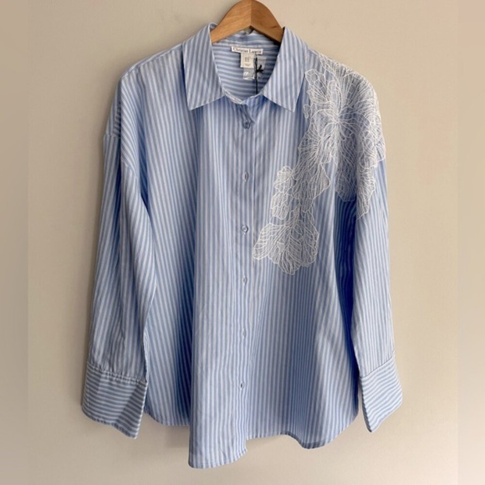 Christian Lacroix Blue and White Casual Button Down Shirt with Lace size M
